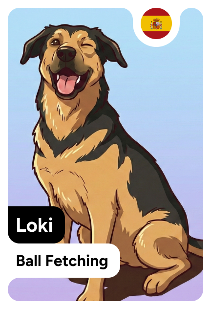 Cartoon illustration of a german shepard dog with gloppy ears, winking with his left eye. The image is in the style of a collectable card. The card shows the name Loki, and a caption that says 'Ball Fetching'